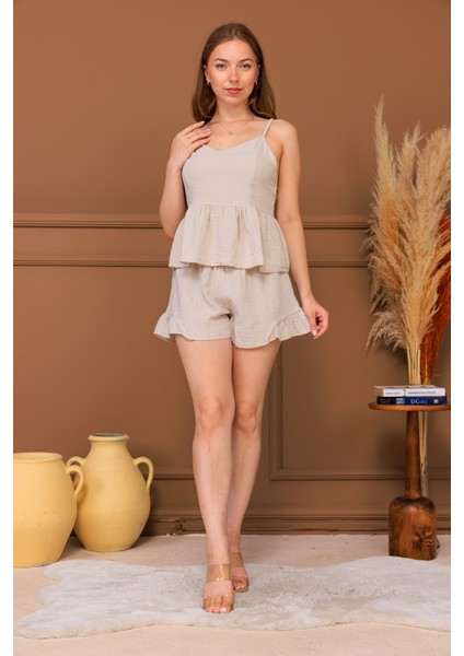 %100 Pamuk Müslin Askılı Büstiyer Şort Takım
