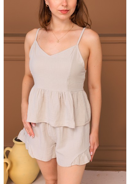 %100 Pamuk Müslin Askılı Büstiyer Şort Takım modelleri