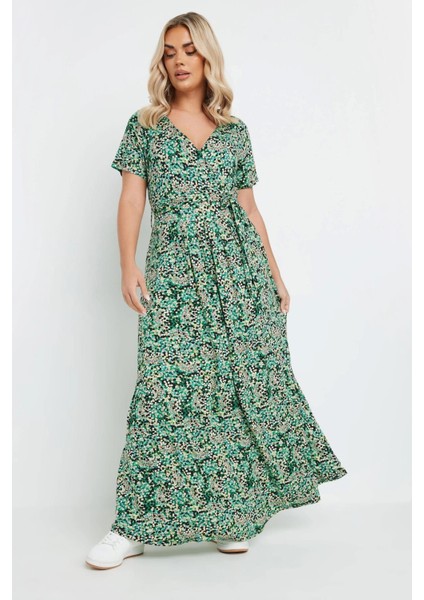 Kadın Büyük Beden Yeşil, Anvelop Yaka, Desenli Viskon Uzun Elbise 65N39135