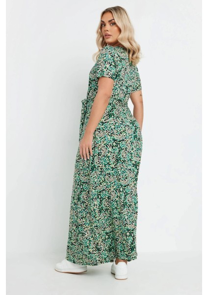 Kadın Büyük Beden Yeşil, Anvelop Yaka, Desenli Viskon Uzun Elbise 65N39135 modelleri