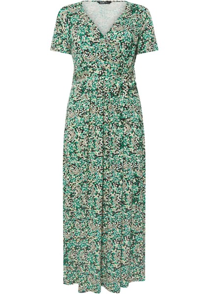 Kadın Büyük Beden Yeşil, Anvelop Yaka, Desenli Viskon Uzun Elbise 65N39135 indirimleri