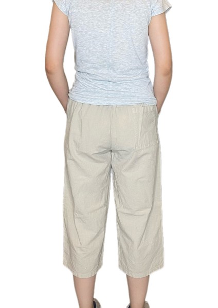 %100 Pamuk, Keten Kumaştan Beli Lastikli ve Bağcıklı Kadın Kapri Pantolon(Solma ve Çekme Yapmaz) indirimleri