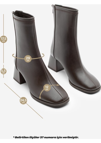 Kadın Topuklu Bot Küt Burun Arkadan Fermuarlı Nayis Kahve