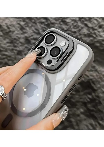 iPhone 15 Pro Max Kılıf Magsafe Şarj Kamera Kısmı Standlı Bumper Pencere + Lens Koruyucu Halka Set indirimleri