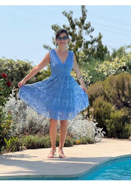 NC10143 Italyan Askılı Dantelli Coton Elbise Mavi fiyatları