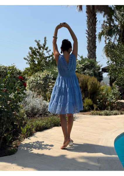 NC10143 Italyan Askılı Dantelli Coton Elbise Mavi modelleri