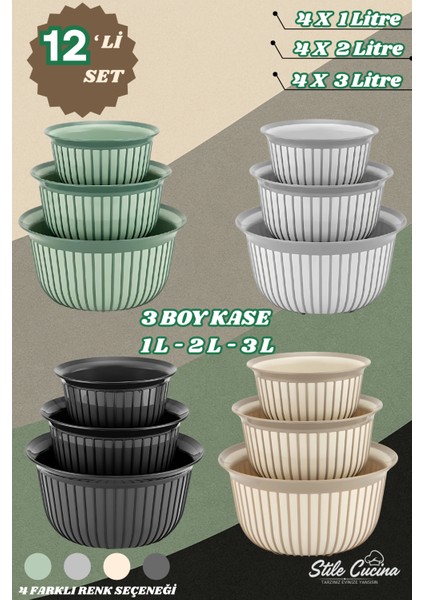 12'li Ekonomik Linea Yuvarlak Kase Seti Antrasit 4x(1 Litre- 2 Litre- 3 Litre)