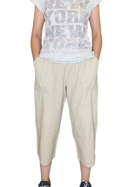 %100 Pamuk, Keten Kumaştan Beli Lastikli ve Bağcıklı Kadın Kapri Pantolon(Solma ve Çekme Yapmaz)