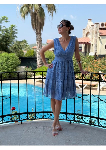 NC10143 Italyan Askılı Dantelli Coton Elbise Mavi fırsatları