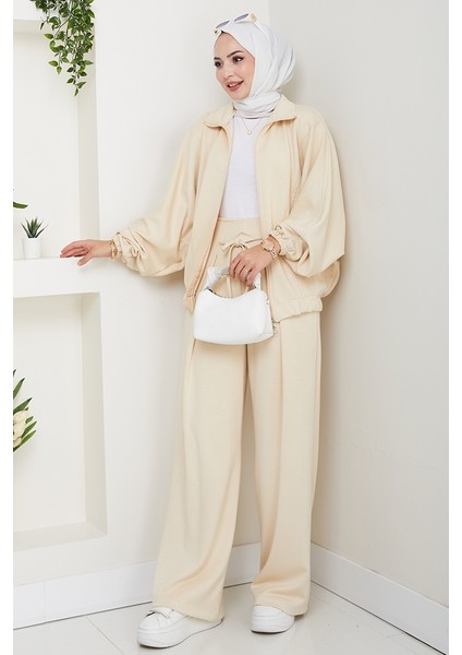 Fermuarlı Oversize Takım 1595 - Bej modelleri