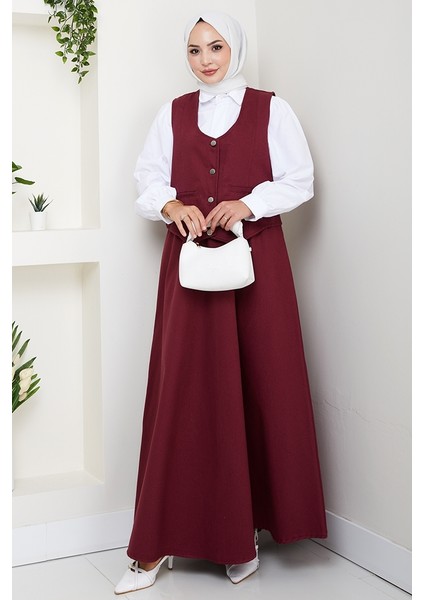 Ikili Gabardin Yelek Etek Takım 1400 - Bordo