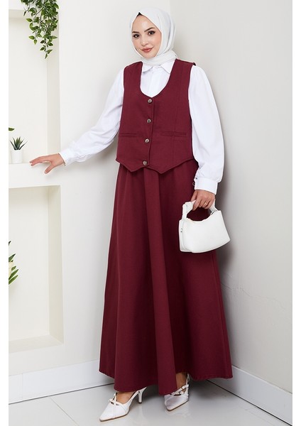 Ikili Gabardin Yelek Etek Takım 1400 - Bordo modelleri