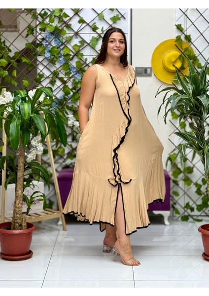 VL7051 Ispanyol Vual Elbise Camel