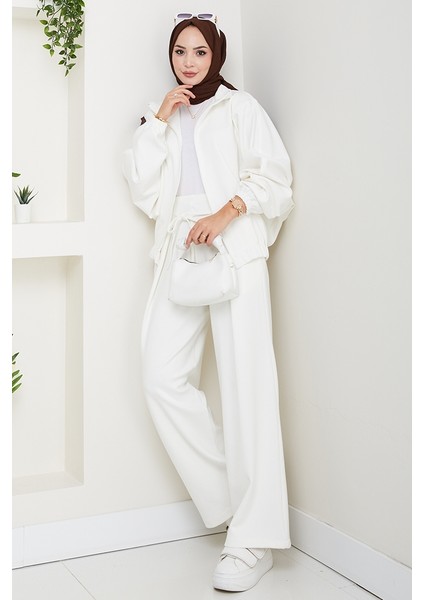 Fermuarlı Oversize Takım 1595 - Beyaz