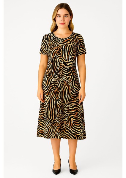 Kadın Büyük Beden Vizon, Zebra Desenli , Bisiklet Yaka Viskon Elbise 65N39156