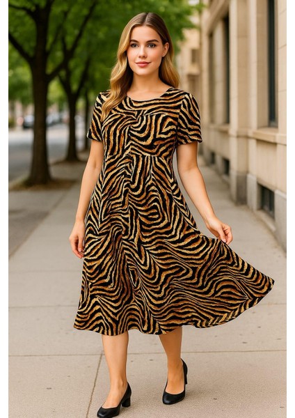 Kadın Büyük Beden Vizon, Zebra Desenli , Bisiklet Yaka Viskon Elbise 65N39156 fiyatları