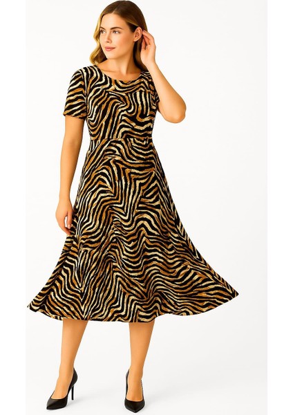 Kadın Büyük Beden Vizon, Zebra Desenli , Bisiklet Yaka Viskon Elbise 65N39156 modelleri