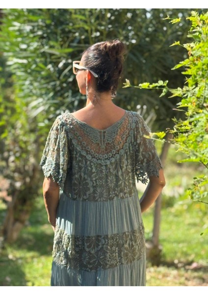 NCC10337 Italyan Ipek Elbise Haki