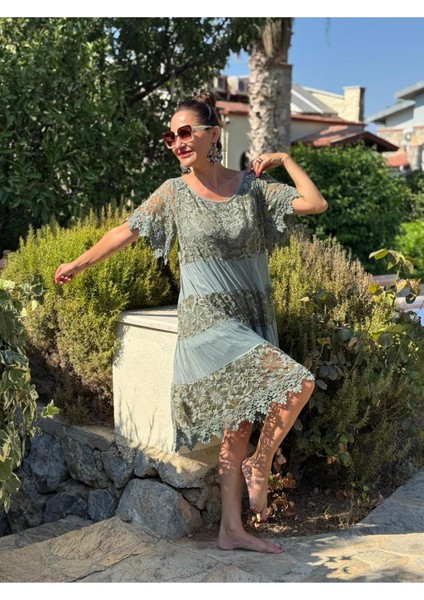 NCC10337 Italyan Ipek Elbise Haki fiyatları