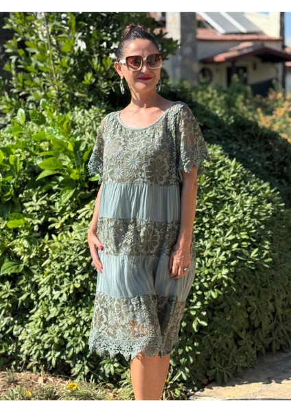 NCC10337 Italyan Ipek Elbise Haki modelleri