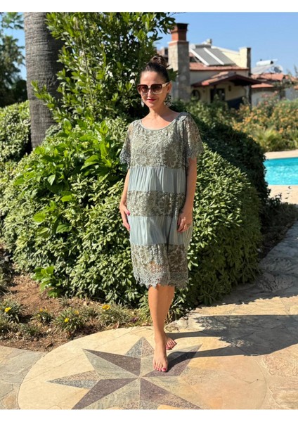 NCC10337 Italyan Ipek Elbise Haki indirimleri