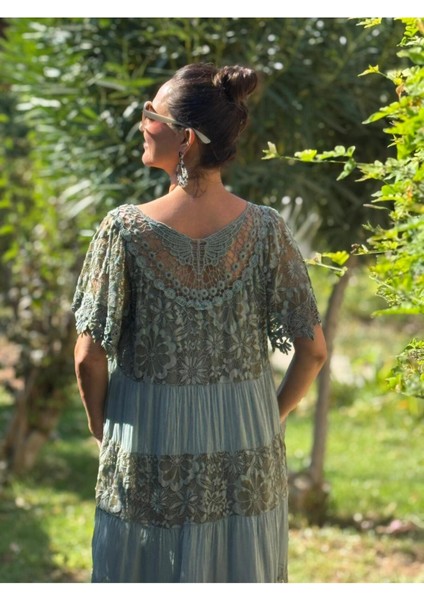 NCC10337 Italyan Ipek Elbise Haki