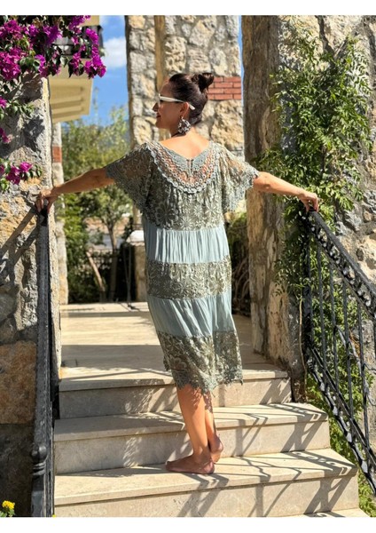 NCC10337 Italyan Ipek Elbise Haki