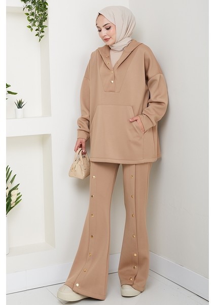 Kapüşonlu Düğme Detaylı Scuba Takım 1592 - Vizon