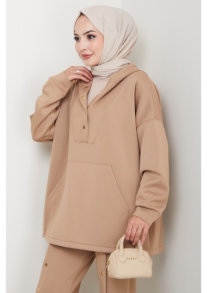 Kapüşonlu Düğme Detaylı Scuba Takım 1592 - Vizon fiyatları