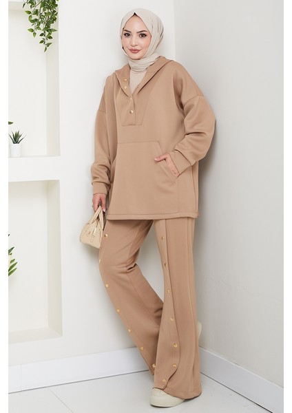 Kapüşonlu Düğme Detaylı Scuba Takım 1592 - Vizon modelleri