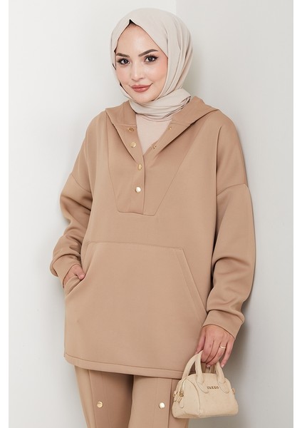 Kapüşonlu Düğme Detaylı Scuba Takım 1592 - Vizon fırsatları