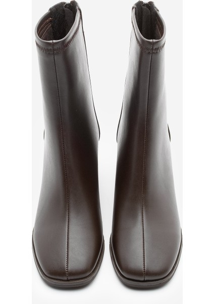 Kadın Topuklu Bot Küt Burun Arkadan Fermuarlı Nayis Kahve