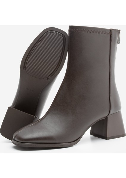Kadın Topuklu Bot Küt Burun Arkadan Fermuarlı Nayis Kahve