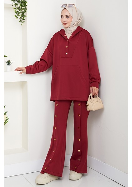 Kapüşonlu Düğme Detaylı Scuba Takım 1592 - Bordo