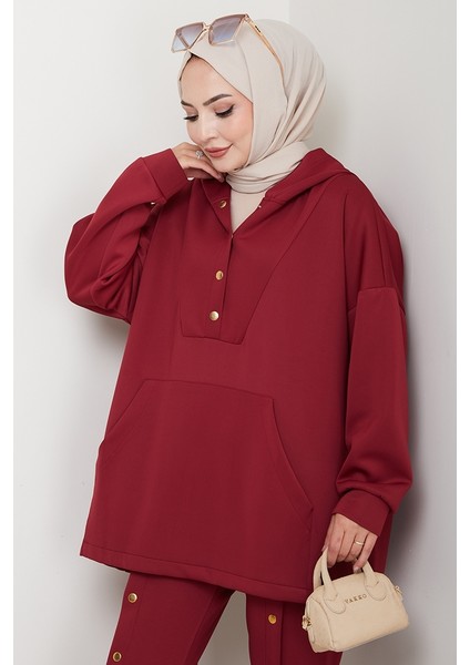 Kapüşonlu Düğme Detaylı Scuba Takım 1592 - Bordo fiyatları