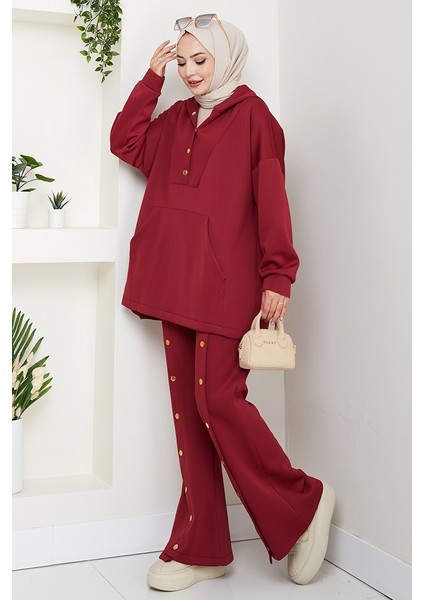 Kapüşonlu Düğme Detaylı Scuba Takım 1592 - Bordo modelleri