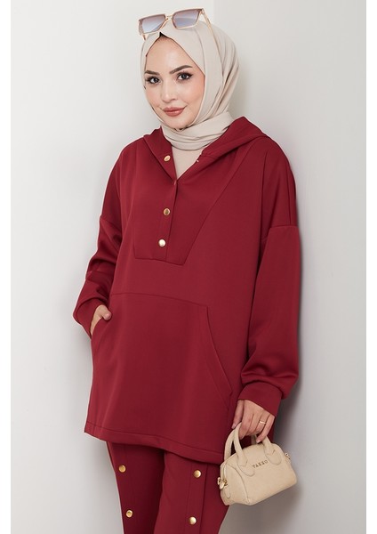 Kapüşonlu Düğme Detaylı Scuba Takım 1592 - Bordo fırsatları