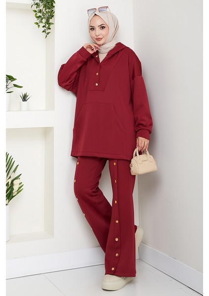 Kapüşonlu Düğme Detaylı Scuba Takım 1592 - Bordo indirimleri