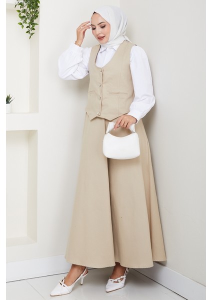 Ikili Gabardin Yelek Etek Takım 1400 - Bej