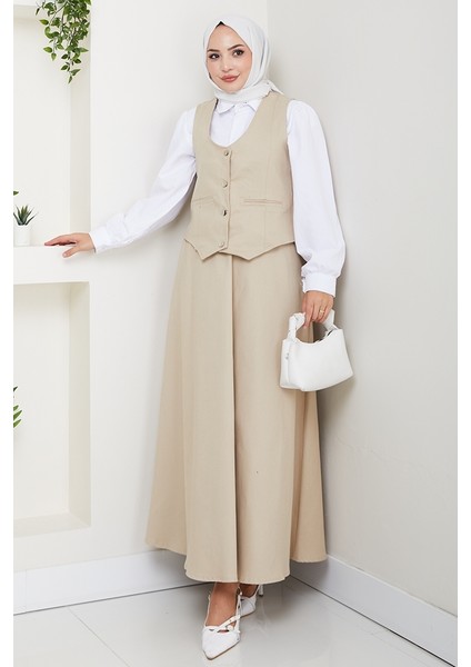 Ikili Gabardin Yelek Etek Takım 1400 - Bej modelleri