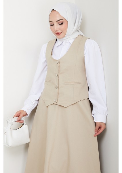 Ikili Gabardin Yelek Etek Takım 1400 - Bej fırsatları