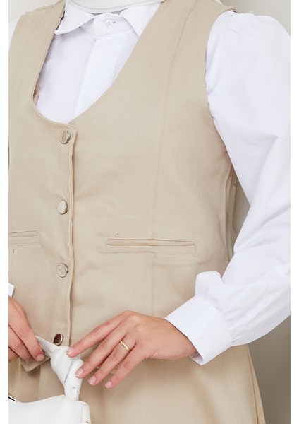 Ikili Gabardin Yelek Etek Takım 1400 - Bej indirimleri