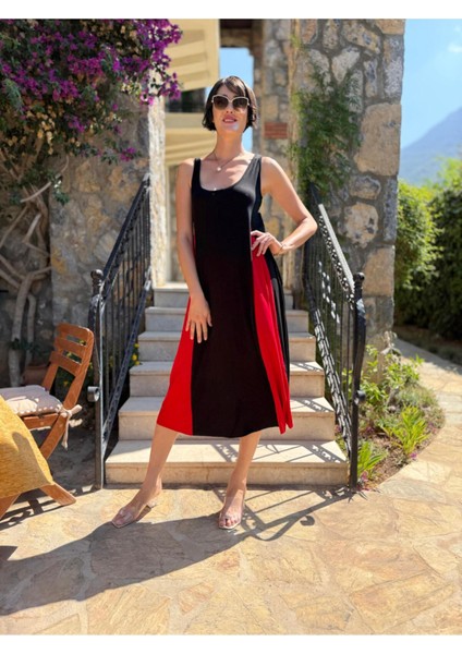 MS3123 Kolsuz Turlu Viskon Elbise Siyah Kırmızı