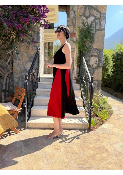 MS3123 Kolsuz Turlu Viskon Elbise Siyah Kırmızı fiyatları