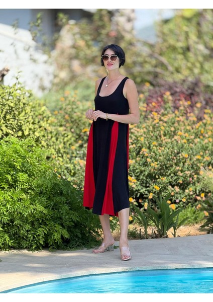 MS3123 Kolsuz Turlu Viskon Elbise Siyah Kırmızı indirimleri