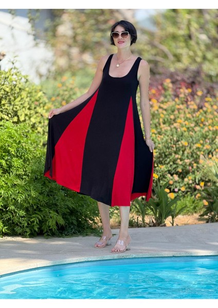 MS3123 Kolsuz Turlu Viskon Elbise Siyah Kırmızı