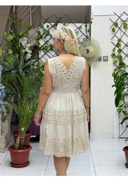 NC10143 Italyan Askılı Dantelli Coton Elbise Krem indirimleri