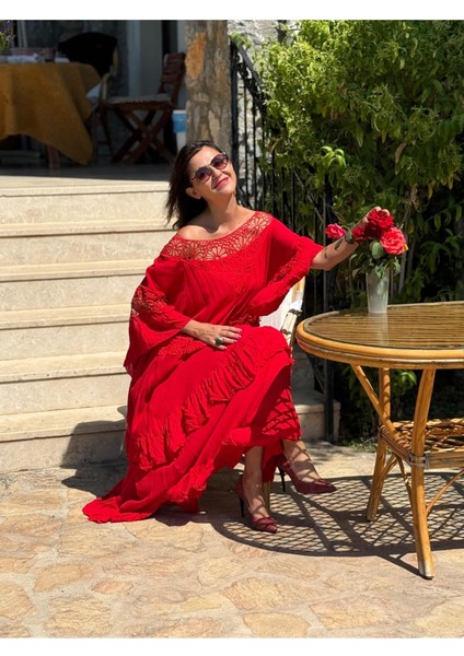 VL12008 Yaka Detay Vual Elbise Kırmızı
