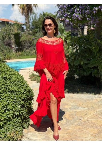VL12008 Yaka Detay Vual Elbise Kırmızı fiyatları