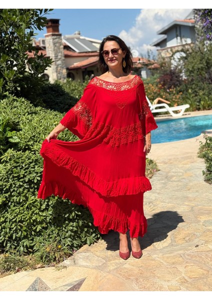 VL12008 Yaka Detay Vual Elbise Kırmızı modelleri